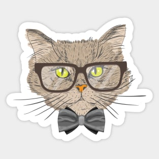 Funny Cat Wearing Bow Tie and Glasses - Cats Illustration Sticker